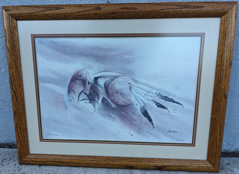 30X23 Signed Bert Seabourn Native American Hawk Limited Edition Numbered Print 290/1000 Oak Framed Art