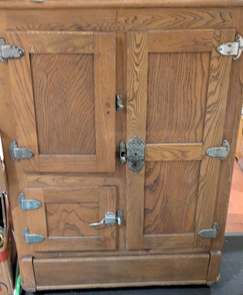 1919 3 Door Antique Solid Oak Wooden Ice Box Cabinet Vintage