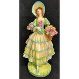 AS-IS 14" Chalkware Bonnet Lady Holding Basket of Flowers Dress Victorian Ceramic Woman Chalk Ware