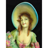 AS-IS 14" Chalkware Bonnet Lady Holding Basket of Flowers Dress Victorian Ceramic Woman Chalk Ware