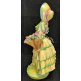 AS-IS 14" Chalkware Bonnet Lady Holding Basket of Flowers Dress Victorian Ceramic Woman Chalk Ware