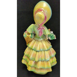 AS-IS 14" Chalkware Bonnet Lady Holding Basket of Flowers Dress Victorian Ceramic Woman Chalk Ware