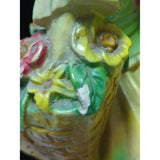 AS-IS 14" Chalkware Bonnet Lady Holding Basket of Flowers Dress Victorian Ceramic Woman Chalk Ware