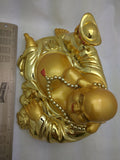 10x7 Golden Laughing Buddha Gold Smiling Statue Figure Resin Laying Down Resting
