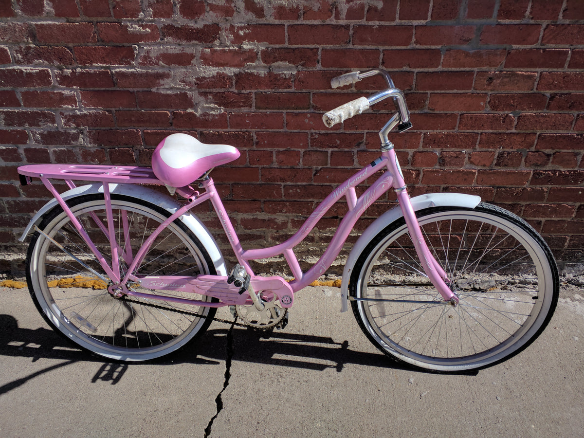 schwinn bicycle pink "Fair Lady" Bike wide mountain tires make it easy to roll over just about any obstacle Used Schwinn ROADSTER Cruiser Bike