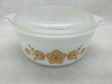 WHITE W/LID Pyrex GOLD BUTTERFLY 1.5 PT Butterscotch 472 CASSEROLE Handle VTG 1972