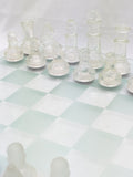 Chess Checkers 14" Frosted Clear Set Glass Board