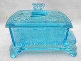 BLUE Cook STOVE Sad Iron EAPG DEPRESSION GLASS COVERED CANDY Dish Container VTG