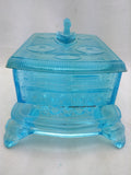BLUE Cook STOVE Sad Iron EAPG DEPRESSION GLASS COVERED CANDY Dish Container VTG