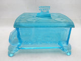 BLUE Cook STOVE Sad Iron EAPG DEPRESSION GLASS COVERED CANDY Dish Container VTG