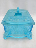BLUE Cook STOVE Sad Iron EAPG DEPRESSION GLASS COVERED CANDY Dish Container VTG