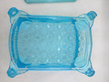 BLUE Cook STOVE Sad Iron EAPG DEPRESSION GLASS COVERED CANDY Dish Container VTG
