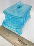 BLUE Cook STOVE Sad Iron EAPG DEPRESSION GLASS COVERED CANDY Dish Container VTG