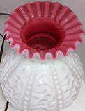 19.5" Fenton LG Wright Peach Blow Beaded Curtain Electric Table Lamp Pink Ruffle White Milk Glass Crimp Drape Inner Cranberry Tinted Ruby