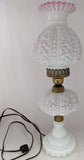 19.5" Fenton LG Wright Peach Blow Beaded Curtain Electric Table Lamp Pink Ruffle White Milk Glass Crimp Drape Inner Cranberry Tinted Ruby