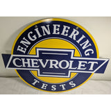 REPRO 1950s 12" Chevrolet Engineering Tests Wall Art Plastic Sign Blue Yellow Chevy Bowtie