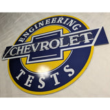 REPRO 1950s 12" Chevrolet Engineering Tests Wall Art Plastic Sign Blue Yellow Chevy Bowtie