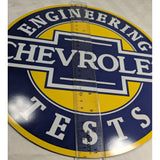 REPRO 1950s 12" Chevrolet Engineering Tests Wall Art Plastic Sign Blue Yellow Chevy Bowtie