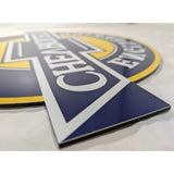 REPRO 1950s 12" Chevrolet Engineering Tests Wall Art Plastic Sign Blue Yellow Chevy Bowtie