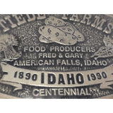 Tiede Farms American Falls Idaho Belt Buckle Potato 1890 1990 Centennial Tater Tater Tribute Food Producers Pewter GARY FRED