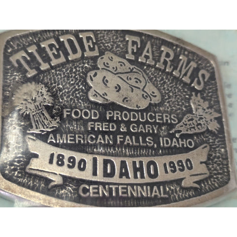 Tiede Farms American Falls Idaho Belt Buckle Potato 1890 1990 Centennial Tater Tater Tribute Food Producers Pewter GARY FRED
