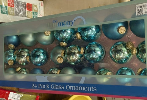 24ct Blue TRIMMERRY SOLID COLOR 2" ROUND GLASS CHRISTMAS TREE ORNAMENTS