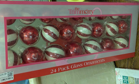 RED Peppermint TRIMMERRY 24ct SOLID COLOR 2" ROUND GLASS CHRISTMAS TREE ORNAMENTS
