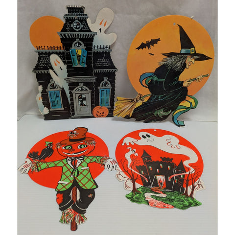 4 Vintage Beistle Gibson USA Made Halloween Die-Cut Decorations Set Haunted House Witch Scarecrow Ghost