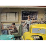 NOS 1950s Hot Rod Fountain Shop New Haven Family Drive-In Wall Clock Plastic Battery-Powered Retro 3D Scene