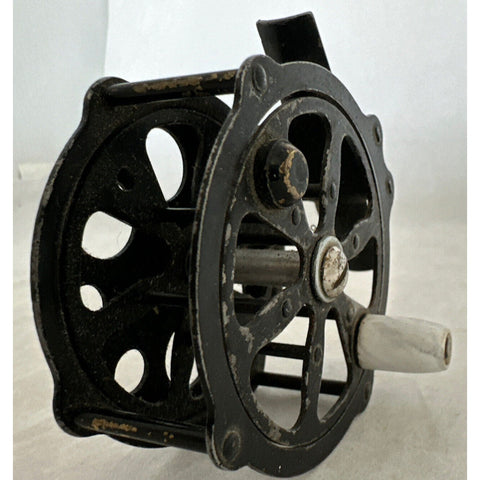 1920s USA Made Skeleton Fly Fishing Reel Black Metal White Handle VTG – Pocatello Market