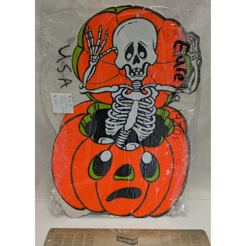 2 Eureka 1970s Vintage Halloween Skeleton Pumpkin & Witch Die-Cut Paper Cutouts USA