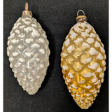 Two 3" Vintage Glass Thin Frosted Pinecone Christmas Ornaments White Gold Antique 1940s ?