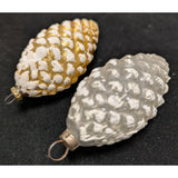 Two 3" Vintage Glass Thin Frosted Pinecone Christmas Ornaments White Gold Antique 1940s ?