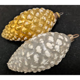 Two 3" Vintage Glass Thin Frosted Pinecone Christmas Ornaments White Gold Antique 1940s ?