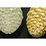 Two 3" Vintage Glass Thin Frosted Pinecone Christmas Ornaments White Gold Antique 1940s ?
