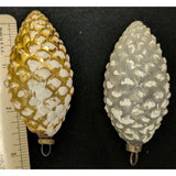 Two 3" Vintage Glass Thin Frosted Pinecone Christmas Ornaments White Gold Antique 1940s ?