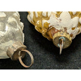 Two 3" Vintage Glass Thin Frosted Pinecone Christmas Ornaments White Gold Antique 1940s ?