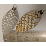 Two 3" Vintage Glass Thin Frosted Pinecone Christmas Ornaments White Gold Antique 1940s ?