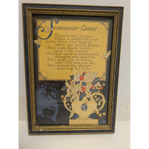 Vintage Framed "Somebody Cares" Poem Print Art Nouveau Design Antique