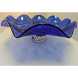 15" Blue Egermann Czech Republic Glass Wave Bowl Centerpiece Bohemian Crystal Console Art