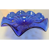 15" Blue Egermann Czech Republic Glass Wave Bowl Centerpiece Bohemian Crystal Console Art