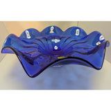 15" Blue Egermann Czech Republic Glass Wave Bowl Centerpiece Bohemian Crystal Console Art