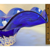 15" Blue Egermann Czech Republic Glass Wave Bowl Centerpiece Bohemian Crystal Console Art