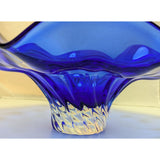 15" Blue Egermann Czech Republic Glass Wave Bowl Centerpiece Bohemian Crystal Console Art