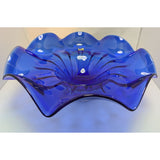 15" Blue Egermann Czech Republic Glass Wave Bowl Centerpiece Bohemian Crystal Console Art