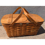 w/TRAY Handle SPLIT AS-IS Woven Wood Picnic Basket By WOV-N-WOOD With Handles