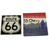 Route 66 & 55 Chevy Square Fridge Magnet Set USA Made Decorative Wood/Metal Magnets 2 Pc
