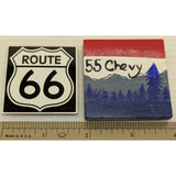 Route 66 & 55 Chevy Square Fridge Magnet Set USA Made Decorative Wood/Metal Magnets 2 Pc