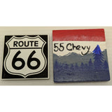 Route 66 & 55 Chevy Square Fridge Magnet Set USA Made Decorative Wood/Metal Magnets 2 Pc