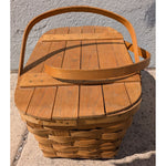 AS-IS BROKEN HANDLE Vintage Wov-N-Wood Jerry Wil Woven Picnic Basket Hinged Lid Dual Handles